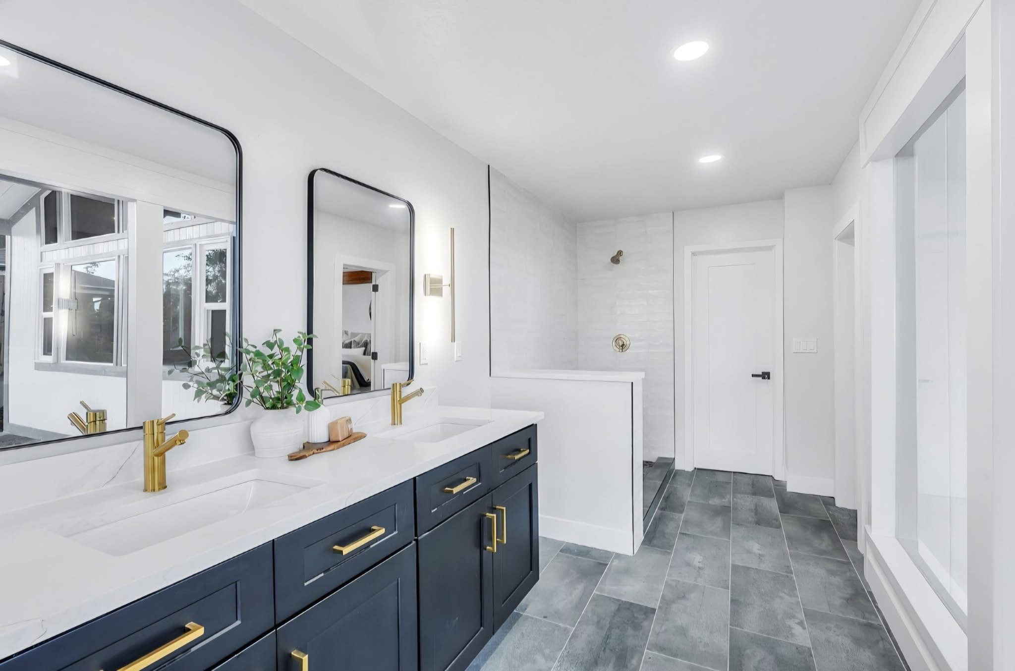 Luxury bathroom with navy vanity
